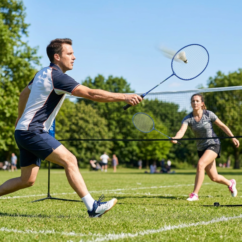 Two people playing badminton with M&G lightweight rackets
