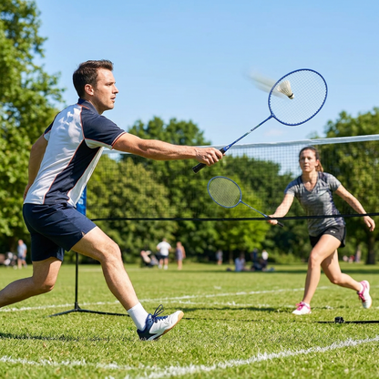 Two people playing badminton with M&G lightweight rackets