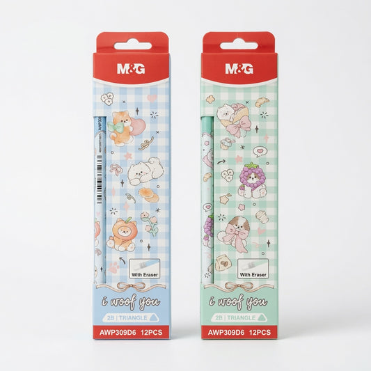 M&G Chenguang Woof You 2B Triangle Wooden Pencils with Eraser – 12-Pack, Cute Animal Design, Break-Resistant, Smooth Writing  - No: AWP309D6