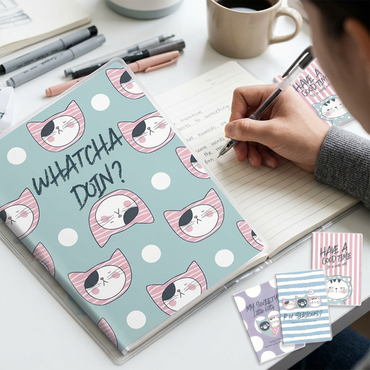 Student writing in M&G Chenguang So Many Cats soft cover B5 notebook open on a cozy study desk