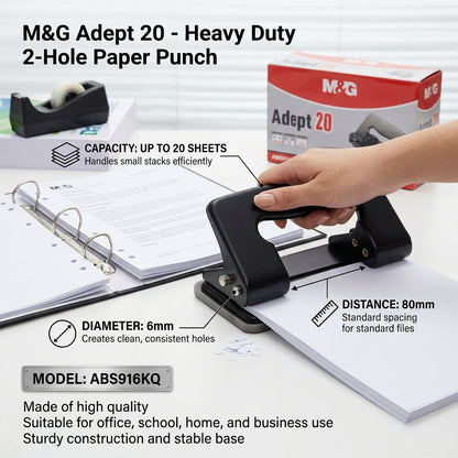 M&G Chenguang Heavy Duty 2-Hole Paper Punch – 20 Sheets Capacity, 80mm Hole Distance, 6mm Hole Diameter - No: ABS916KQ