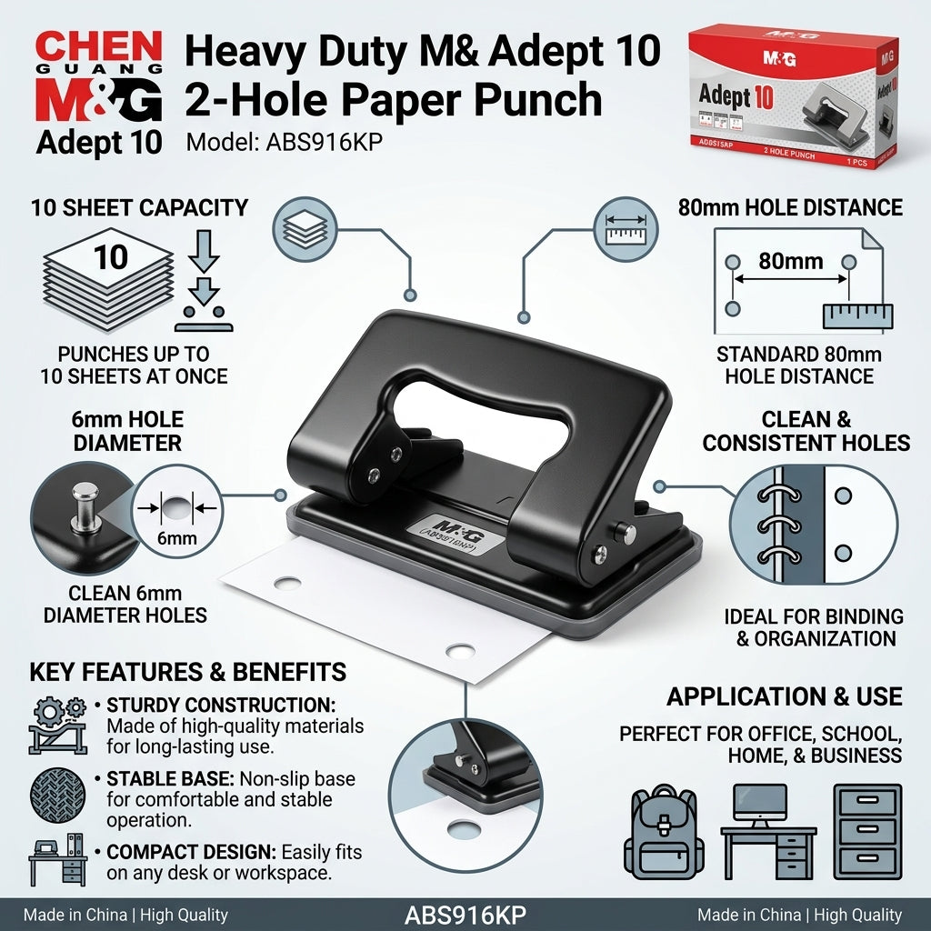 M&G Chenguang Heavy Duty 2-Hole Paper Punch – 10 Sheets Capacity, 80mm Hole Distance, 6mm Hole Diameter - No: ABS916KP
