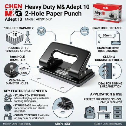 M&G Chenguang Heavy Duty 2-Hole Paper Punch – 10 Sheets Capacity, 80mm Hole Distance, 6mm Hole Diameter - No: ABS916KP