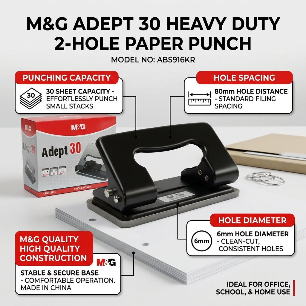 M&G Chenguang Heavy Duty 2-Hole Paper Punch – 30 Sheets Capacity, 80mm Hole Distance, 6mm Hole Diameter - No: ABS916KR