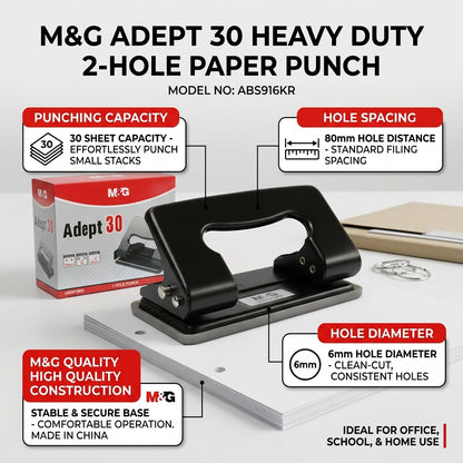 M&G Chenguang Heavy Duty 2-Hole Paper Punch – 30 Sheets Capacity, 80mm Hole Distance, 6mm Hole Diameter - No: ABS916KR