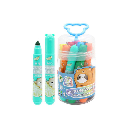 M&G Chenguang Super Washable Water Color Pens – 12 Colors in Portable Storage Cup with Handle | Kids Coloring Markers - No:ACP901JX