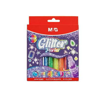 M&G Chenguang Glitter Markers Set – 6 Neon Glitter Colours, Premium Fine Tip, Quick Dry, Liquid Glitter Ink for Crafts, Cards & Creative Art - No: APMT80M9