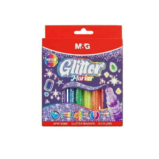 M&G Chenguang Glitter Markers Set – 6 Neon Glitter Colours, Premium Fine Tip, Quick Dry, Liquid Glitter Ink for Crafts, Cards & Creative Art - No: APMT80M9