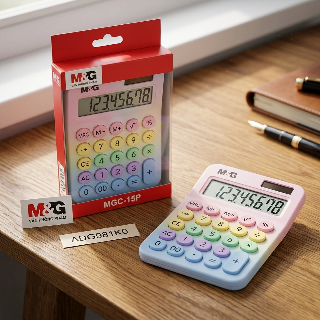 M&G Chenguang MGC-15P Desktop Calculator, 10-Digit Display – Pastel Rainbow Design, Large Round Keys, Portable Office & School Calculator - No: ADG981K0