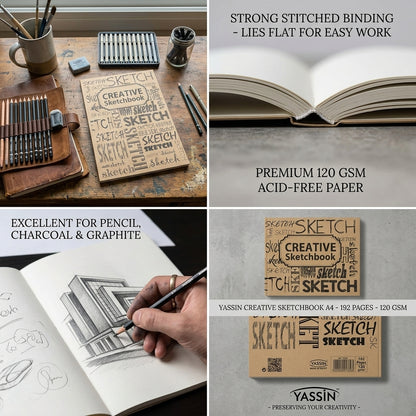 YASSIN Creative Sketchbook A4 – 192 Pages, 120 GSM Premium Drawing & Sketch Paper for Artists, Students & Designers