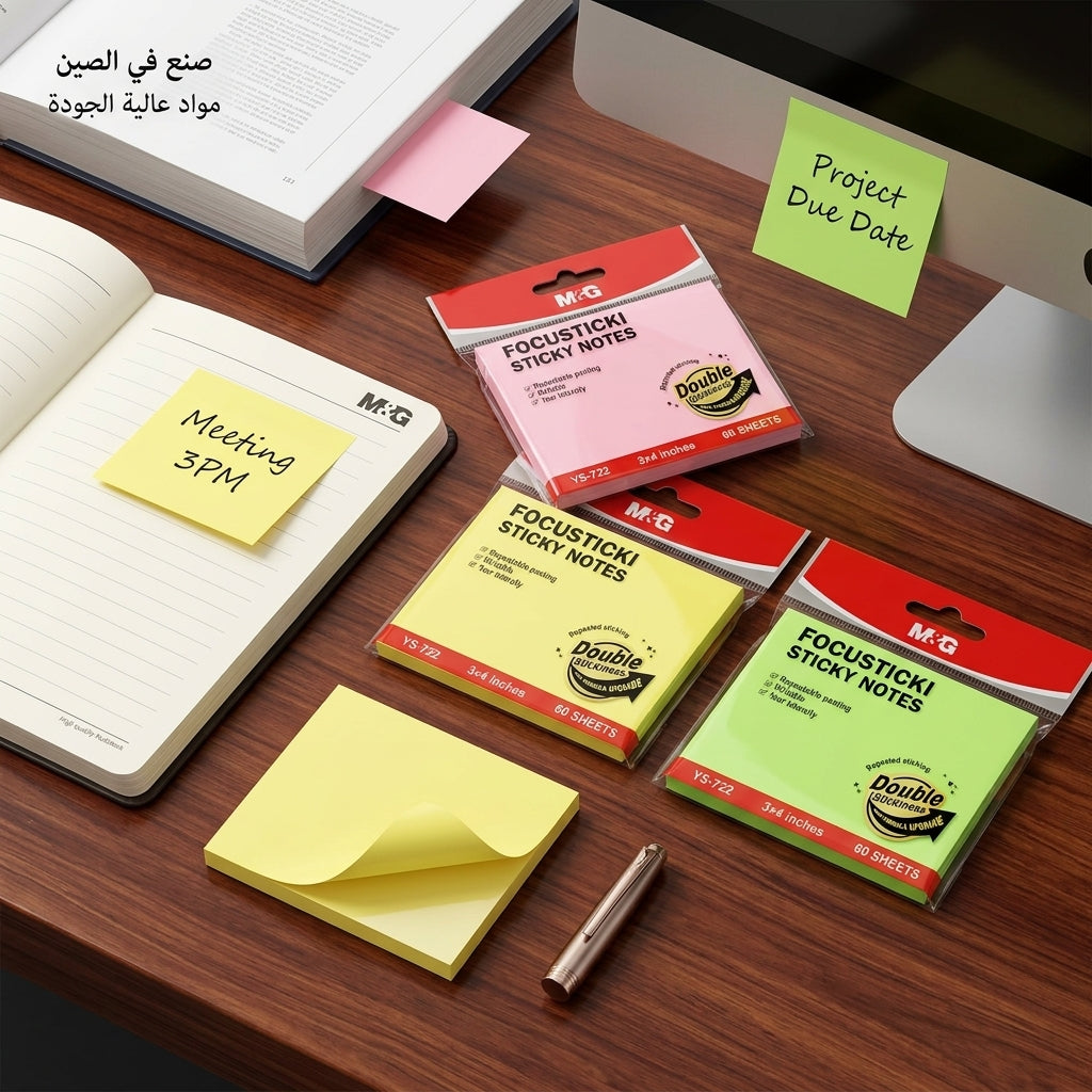 M&G Chenguang FocusTicki Sticky Notes 3 × 4 Inches – 60 Sheets, Repositionable Self-Adhesive Memo Pads, Assorted Neon Colors - 1pcs - No: YS-722