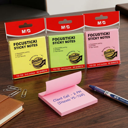 M&G Chenguang FOCUSTICKI Sticky Notes 3 × 3 Inches – 60 Sheets, Repositionable Self-Adhesive Memo Pads, Assorted Neon Colors - No: YS-720