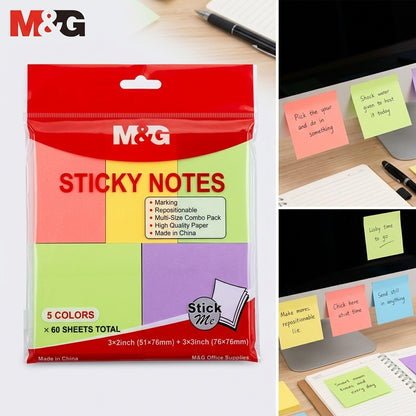 M&G Chenguang Sticky Notes Combo Pack – 5 Assorted Colors, 60 Sheets, Repositionable Self-Adhesive Memo Notes, 3×2 in (51×76 mm) & 3×3 in (76×76 mm)