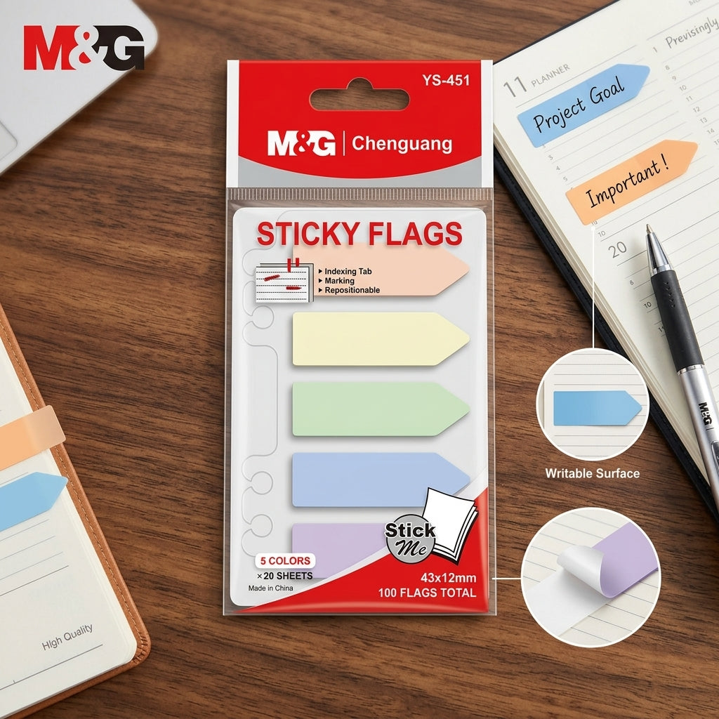M&G Chenguang Sticky Flags Page Markers – 5 Colors, 20 Sheets Each, Repositionable Index Tabs, 43 × 12 mm - No: YS-451