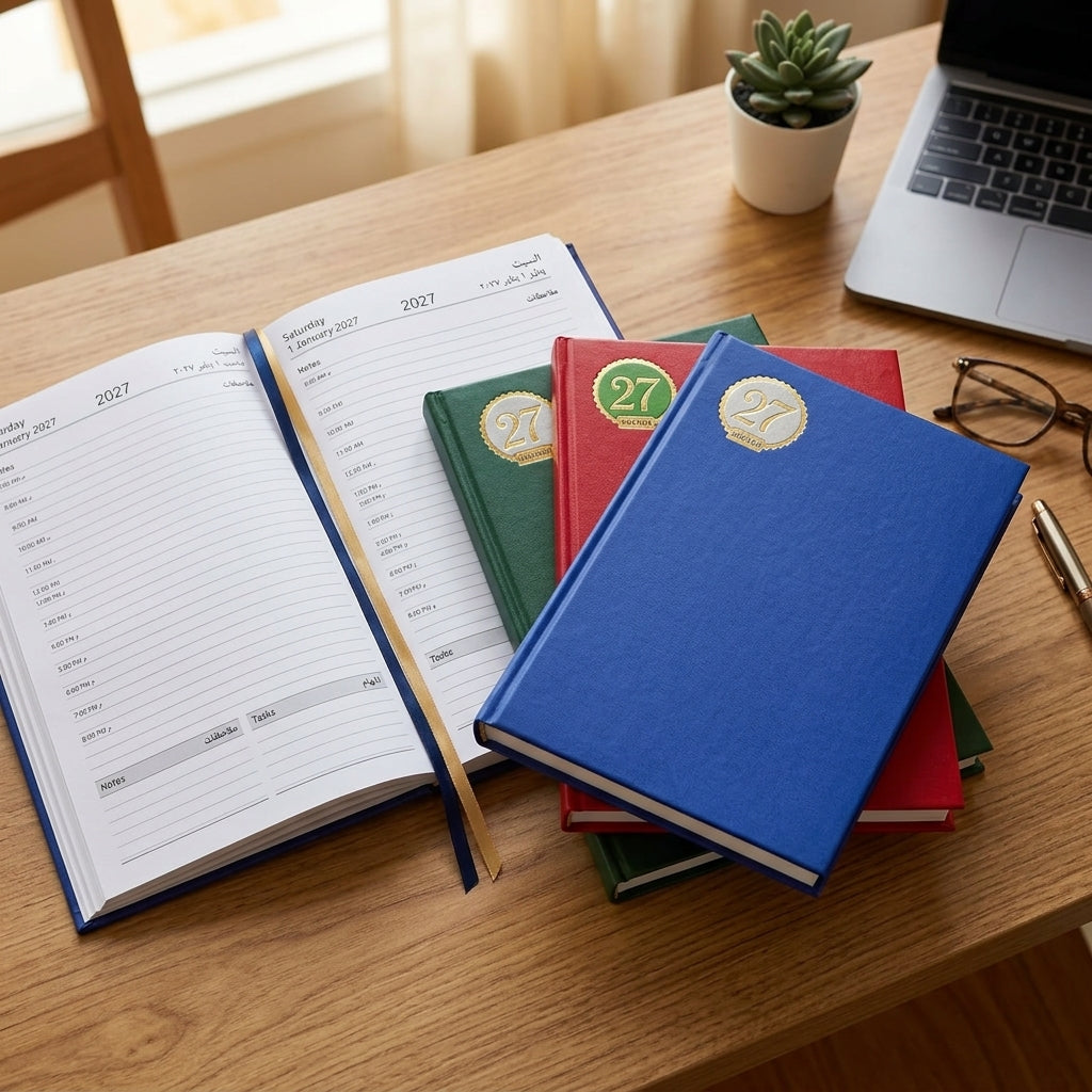 2027 Daily Agenda Planner – Hardcover Diary with Hourly Schedule, Bilingual Arabic & English, 27 Agenda - Size: B5, Assorted Colors - 1pcs