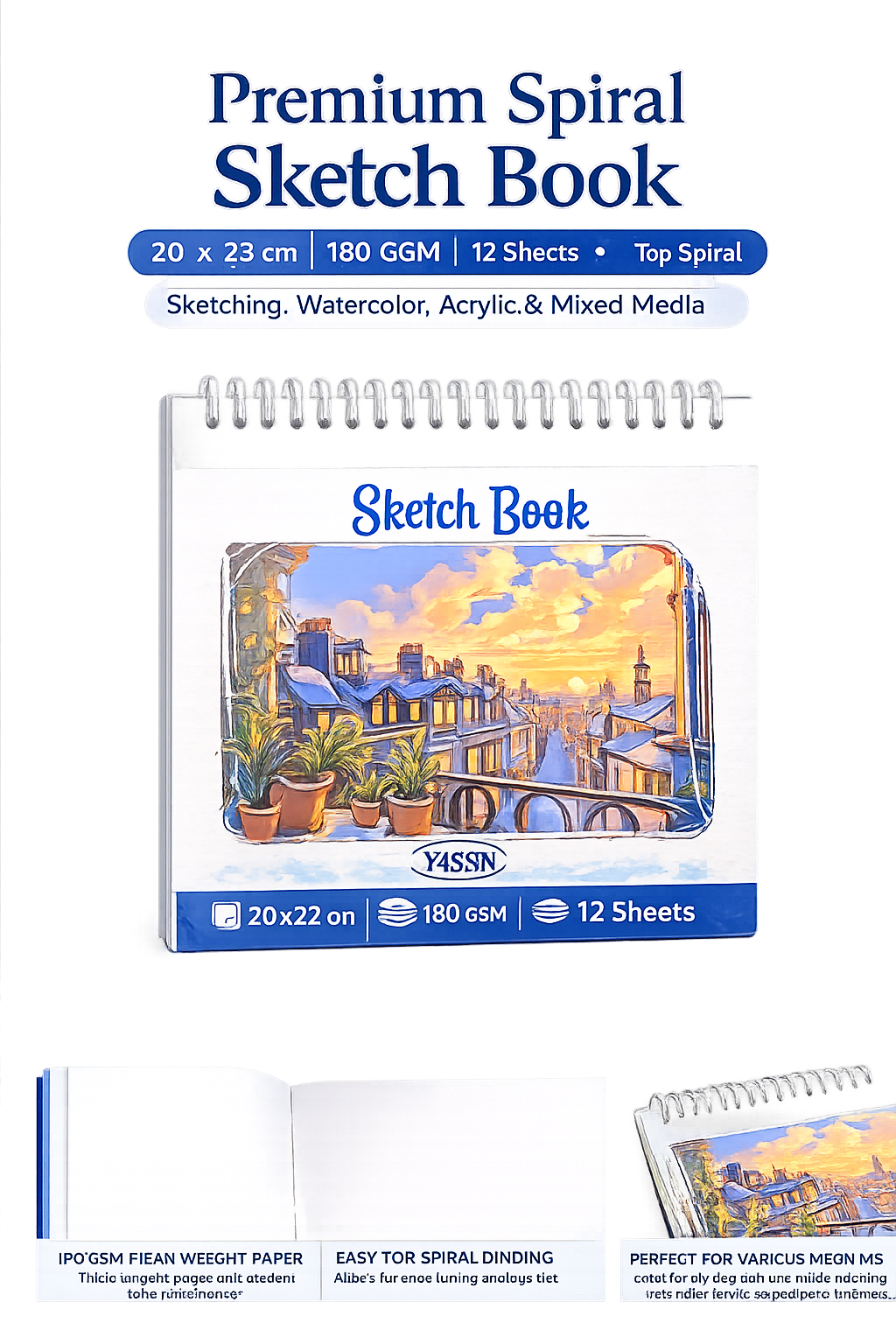 YASSIN Premium Spiral Sketch Book – 20 × 22 cm, 180 GSM, 12 Sheets, Heavyweight Paper for Sketching, Watercolor, Acrylic & Mixed Media