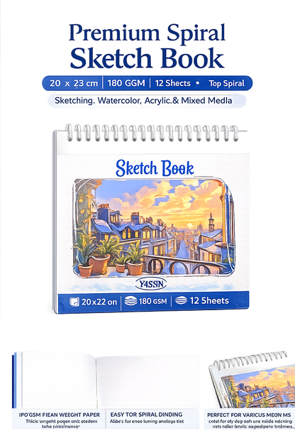 YASSIN Premium Spiral Sketch Book – 20 × 22 cm, 180 GSM, 12 Sheets, Heavyweight Paper for Sketching, Watercolor, Acrylic & Mixed Media