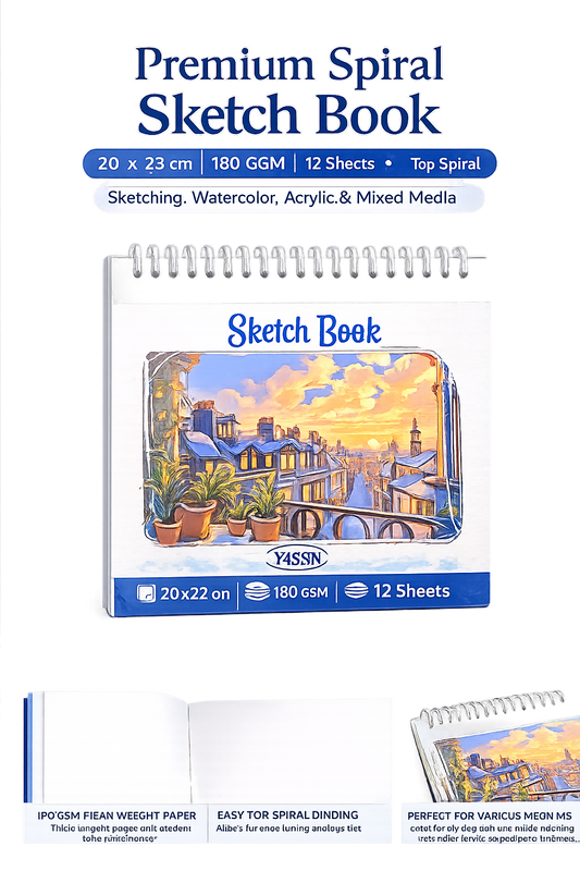 YASSIN Premium Spiral Sketch Book – 20 × 22 cm, 180 GSM, 12 Sheets, Heavyweight Paper for Sketching, Watercolor, Acrylic & Mixed Media