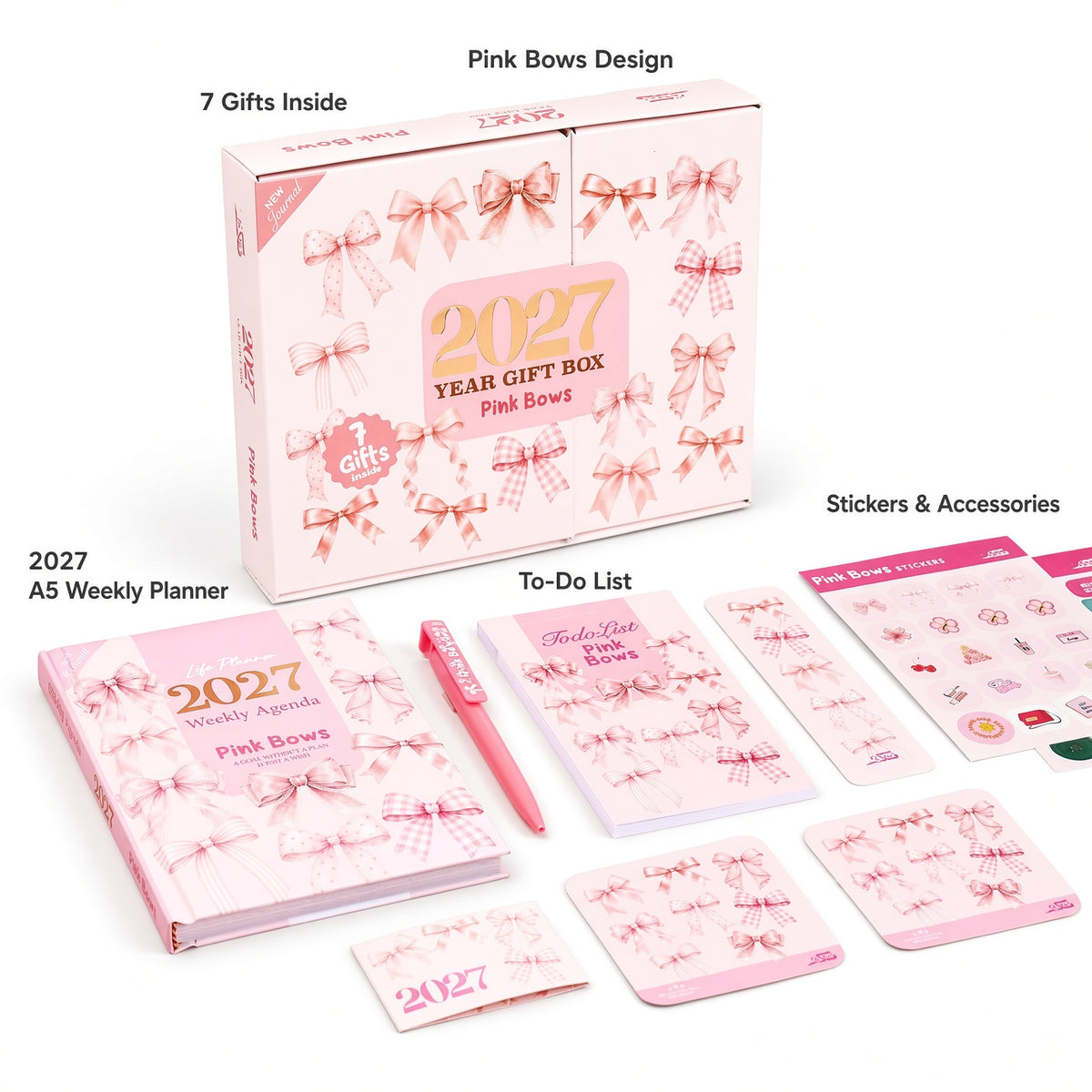 Mofakera Pink Bows Weekly Box 2027 – A5 Weekly Planner & 7-Piece Stationery Gift Set - Pink - ( Agenda )