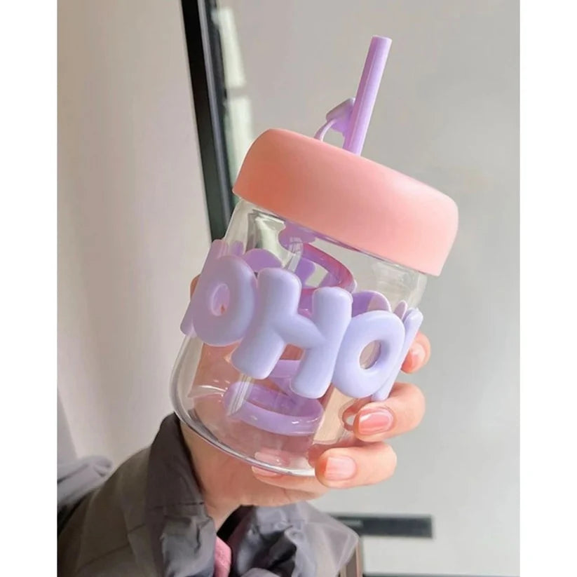 Cute OHOI Kids Water Bottle with Straw Water Cup, Glass Cup, Straw Cup for Women, Cute Portable Heat Resistant Cup – 480ml