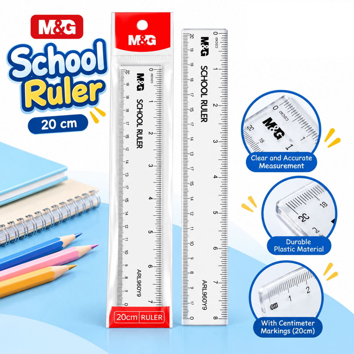 M&G Chenguang Transparent Plastic Ruler 20 cm / 8 Inch – Dual-Scale School Ruler – 1pcs - No: ARL960Y9
