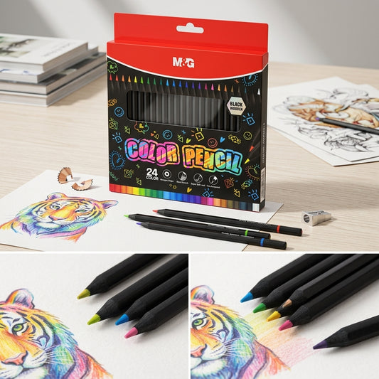 M&G Chenguang 24 Black Wood Colored Pencils Set – Premium Pre-Sharpened Color Pencils with Soft Core , Hexagonal Grip , Smooth Drawing 24 Vibrant Colors - No: AWP39818