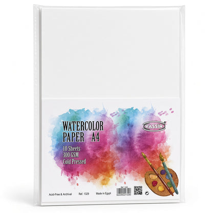 YASSIN Watercolor Paper A4 – 10 Sheets, 300 GSM, Cold Pressed, Acid-Free & Archival White Paper - No: 1329