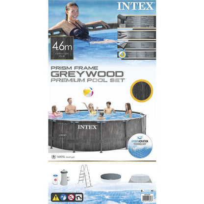 مسبح إنتكس ذو الإطار المنشوري الرمادي الخشبي (4.57 م × 1.22 م) دائري مع مضخة فلتر رقم: 26742