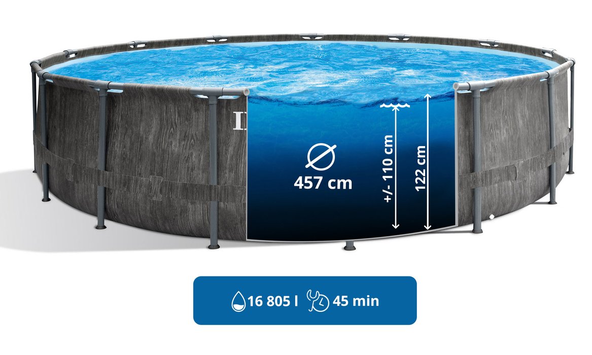 مسبح إنتكس ذو الإطار المنشوري الرمادي الخشبي (4.57 م × 1.22 م) دائري مع مضخة فلتر رقم: 26742