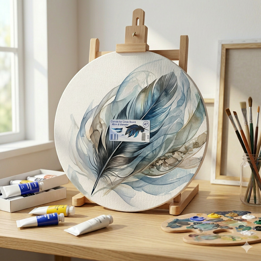 Round canvas board on an easel with a partly painted design in an art studio
