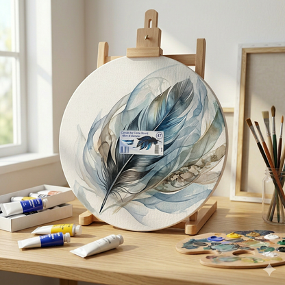 Round canvas board on an easel with a partly painted design in an art studio