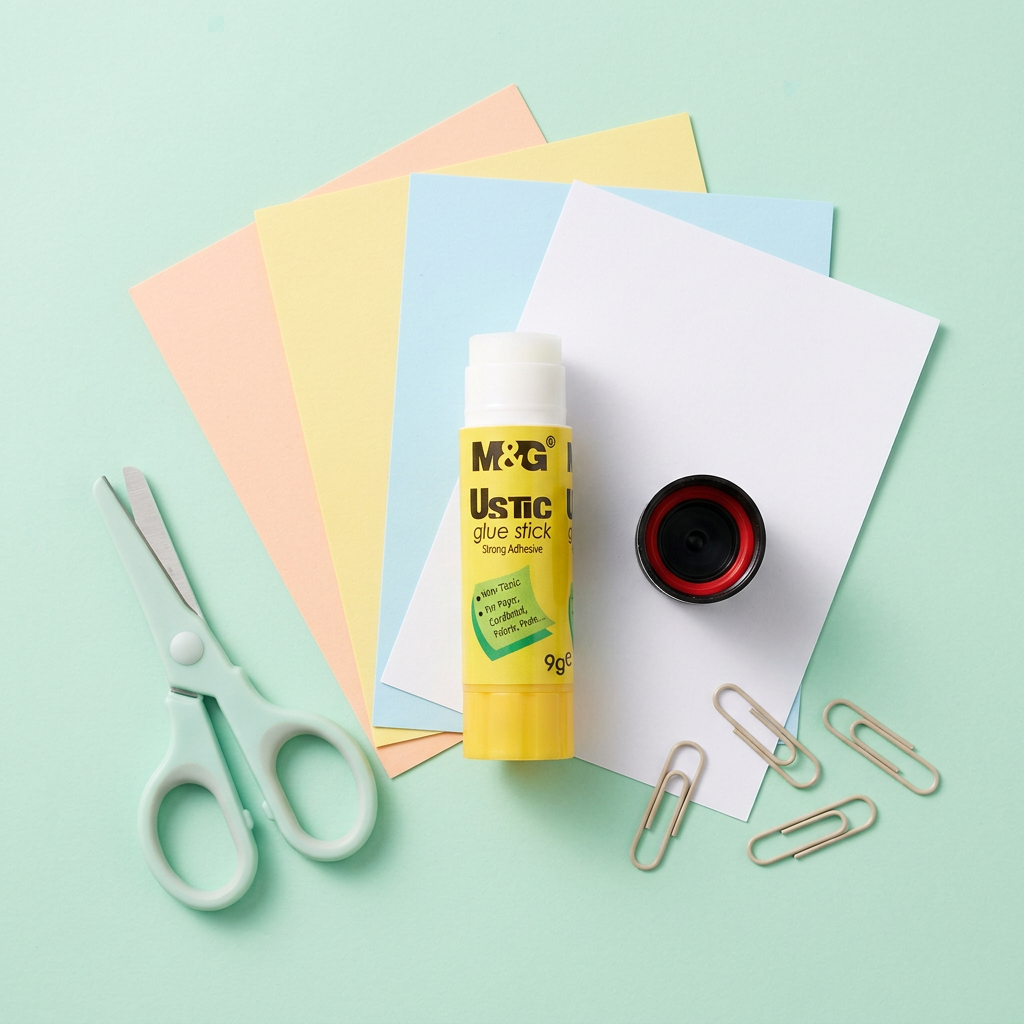 M&G Ustic glue stick flatlay with colored paper, scissors and clips