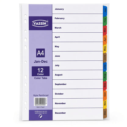 Yassin A4 Monthly Color Dividers Jan–Dec, 12-Tab Index Separators with Mylar Reinforced Tabs - No: 2712