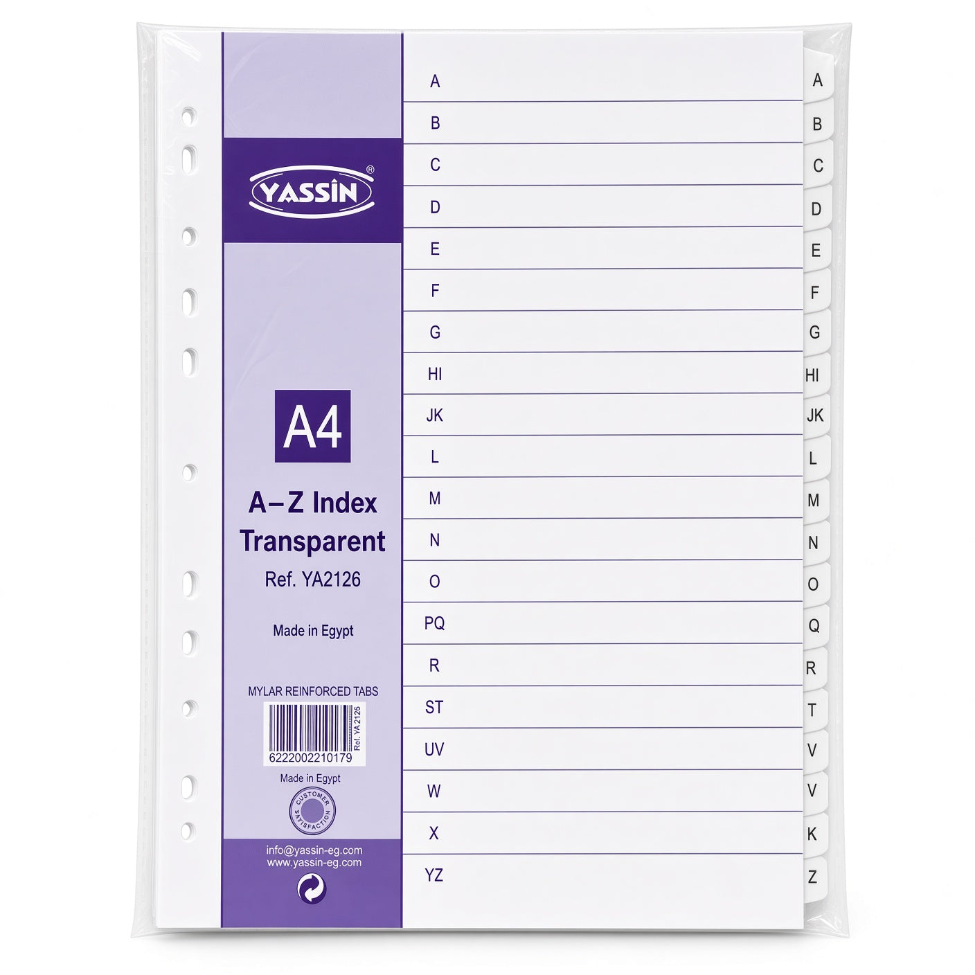 Yassin A4 Transparent Dividers A–Z, Alphabetical Index Separators with Mylar Reinforced Tabs - No: 2126