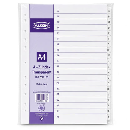 Yassin A4 Transparent Dividers A–Z, Alphabetical Index Separators with Mylar Reinforced Tabs - No: 2126