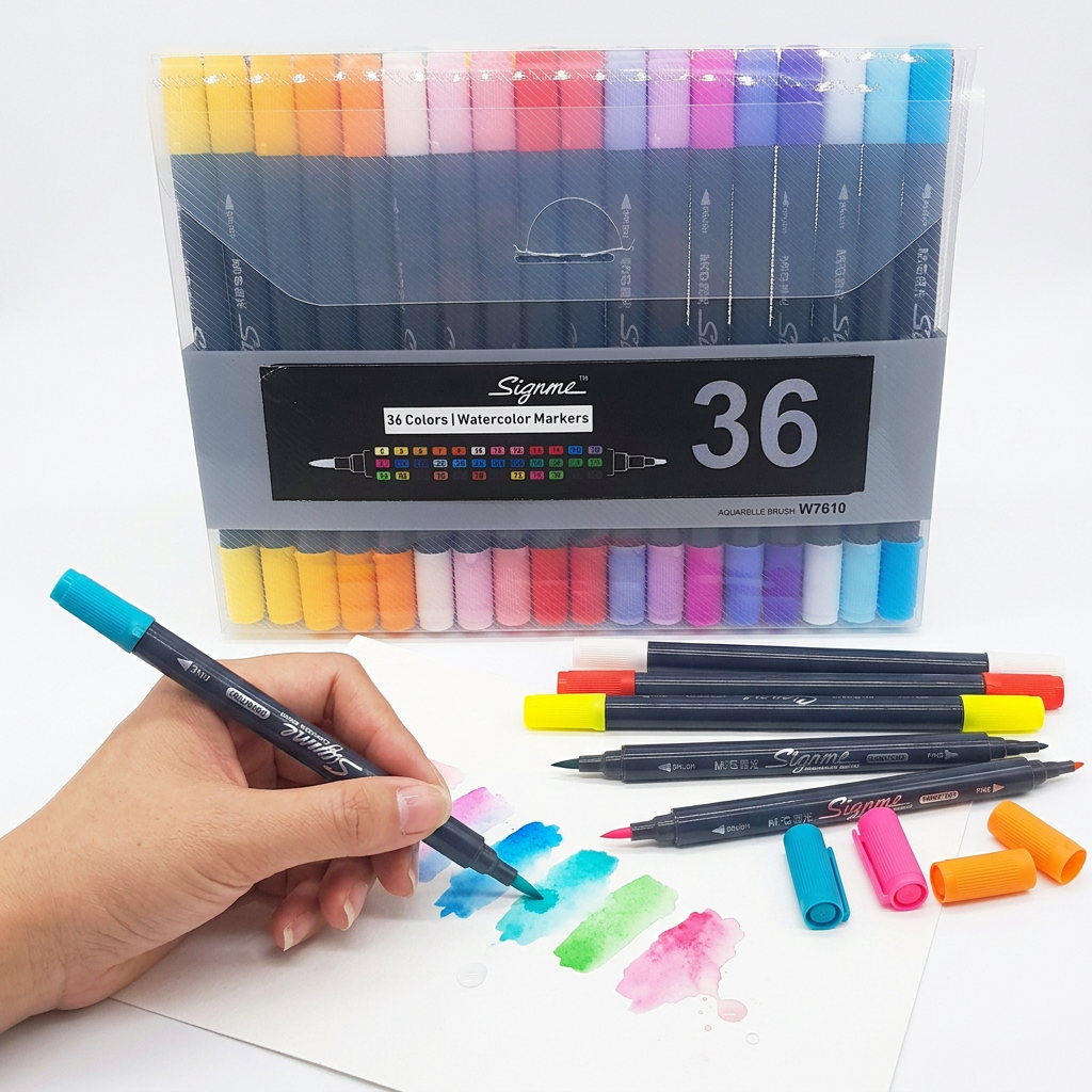 Hand coloring with an M&G water-soluble double-head marker, 36-color set nearby
