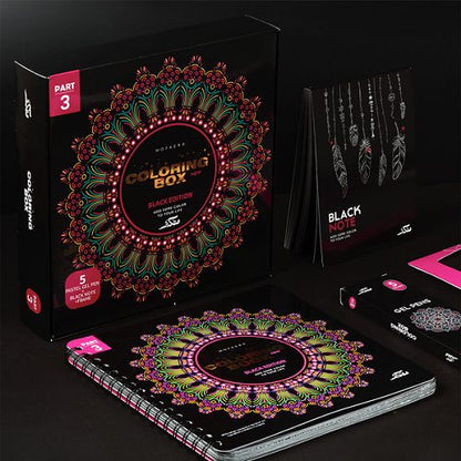 علبة تلوين موفاكيرا الإصدار الأسود + 5 أقلام جل باستيل + ​​دفتر ملاحظات + إطار