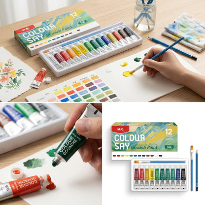Collage of M&G Colour Say Gouache Paint set with paintbrushes and color swatches on a wooden table.
