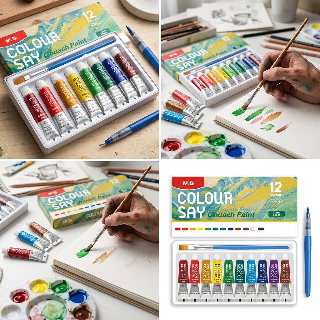 Collage of Colour Say Gouache Paint sets with paintbrushes and paint samples.