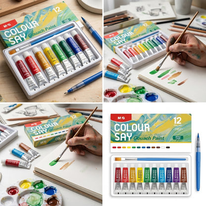 Collage of Colour Say Gouache Paint sets with paintbrushes and paint samples.