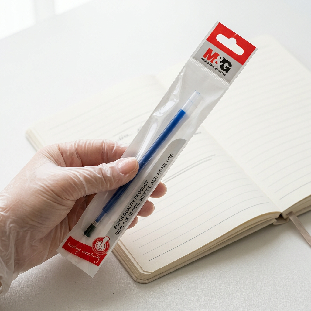 Hand inserting a gel pen refill into a gel pen on a study desk