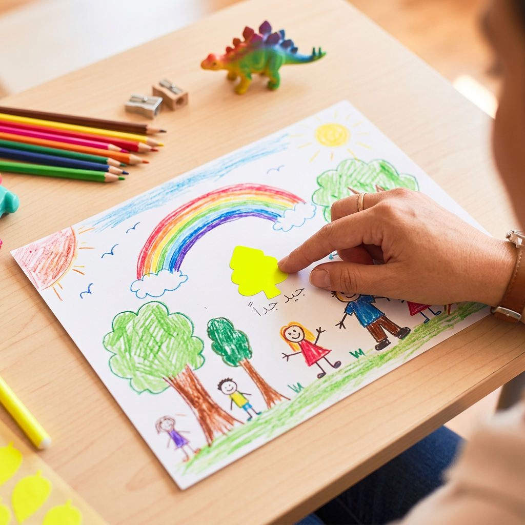 Teacher placing an El Manar yellow tree reward sticker on a child's drawing