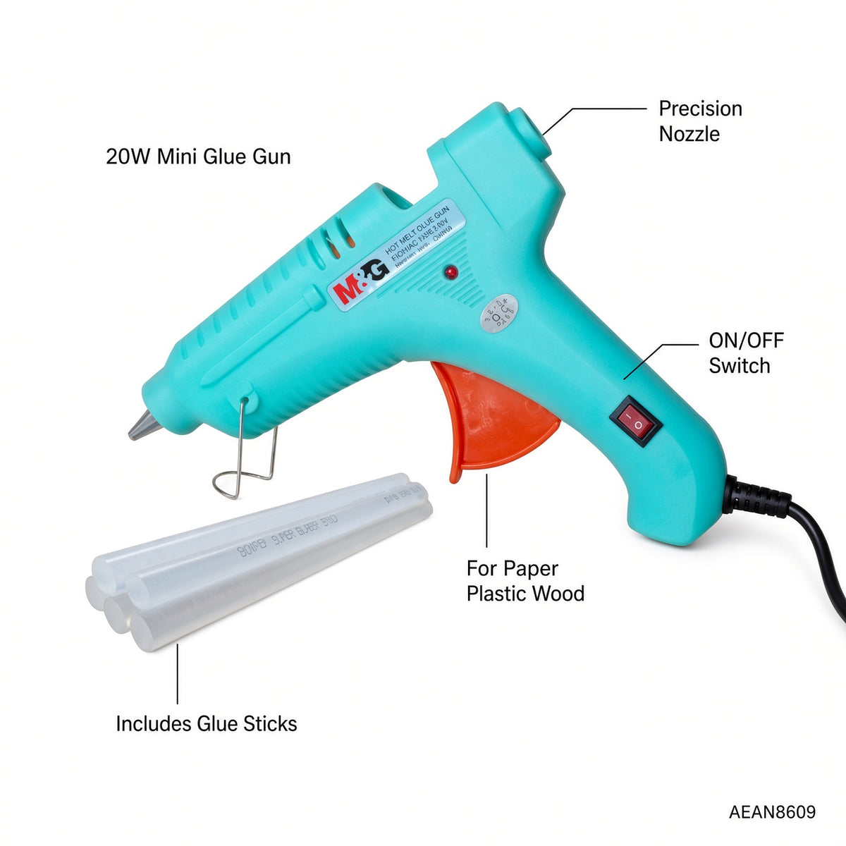 M&G Chenguang Mini Hot Glue Gun with Glue Sticks – 20W Electric Hot Melt Glue Gun with On/Off Switch for Crafting, DIY, Paper, Plastic & Wood - No: AEAN8609