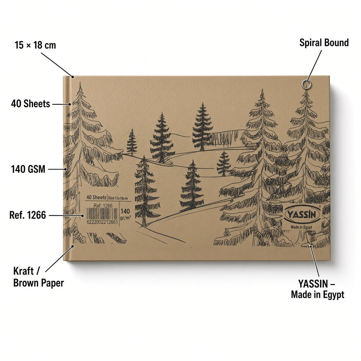 Yassin Spiral  Brown Craft Sketch Book, 15 × 18 cm, 40 Sheets, 140 GSM - 1pcs - No: 1266