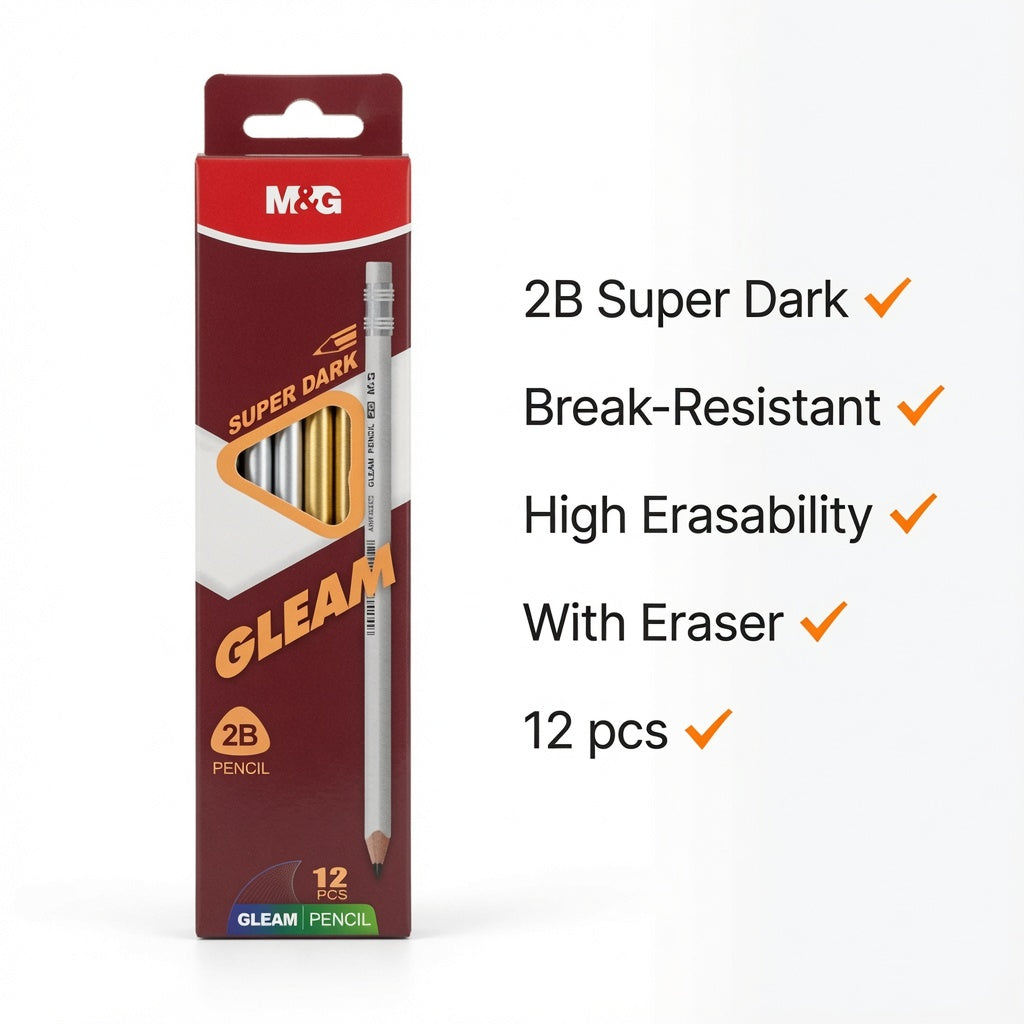 M&G Chenguang GLEAM 2B Wooden Pencils With Eraser – 12-Pack, Super Dark Graphite, Break-Resistant, Smooth Writing, School & Office Use  - No: AWP309E2