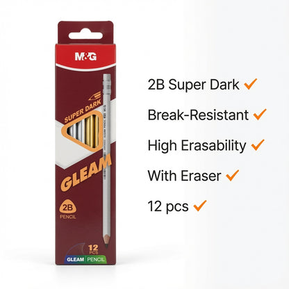 M&G Chenguang GLEAM 2B Wooden Pencils With Eraser – 12-Pack, Super Dark Graphite, Break-Resistant, Smooth Writing, School & Office Use  - No: AWP309E2