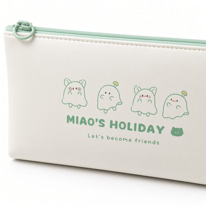 M&G Chenguang Length+ Large Capacity Pencil Case – White “MIAO’S HOLIDAY” Design, Waterproof PU Stationery Pouch - 1pcs - No: APB932F