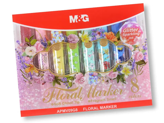 M&G Chenguang Floral Marker Set, 8 Colors, Soft Chisel Tip, Glitter Sparkling Ink, Fragrant Scent – No:APMV09G8