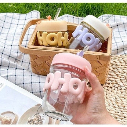 Cute OHOI Kids Water Bottle with Straw Water Cup, Glass Cup, Straw Cup for Women, Cute Portable Heat Resistant Cup – 480ml