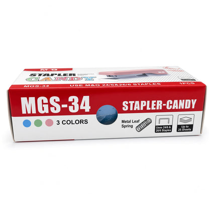 M&G Chenguang MGS-34 Candy Metal Leaf Spring Stapler with 25 Sheets Capacity – Uses 24/6 & 26/6 Staples – 1psc - No:ABS916MR